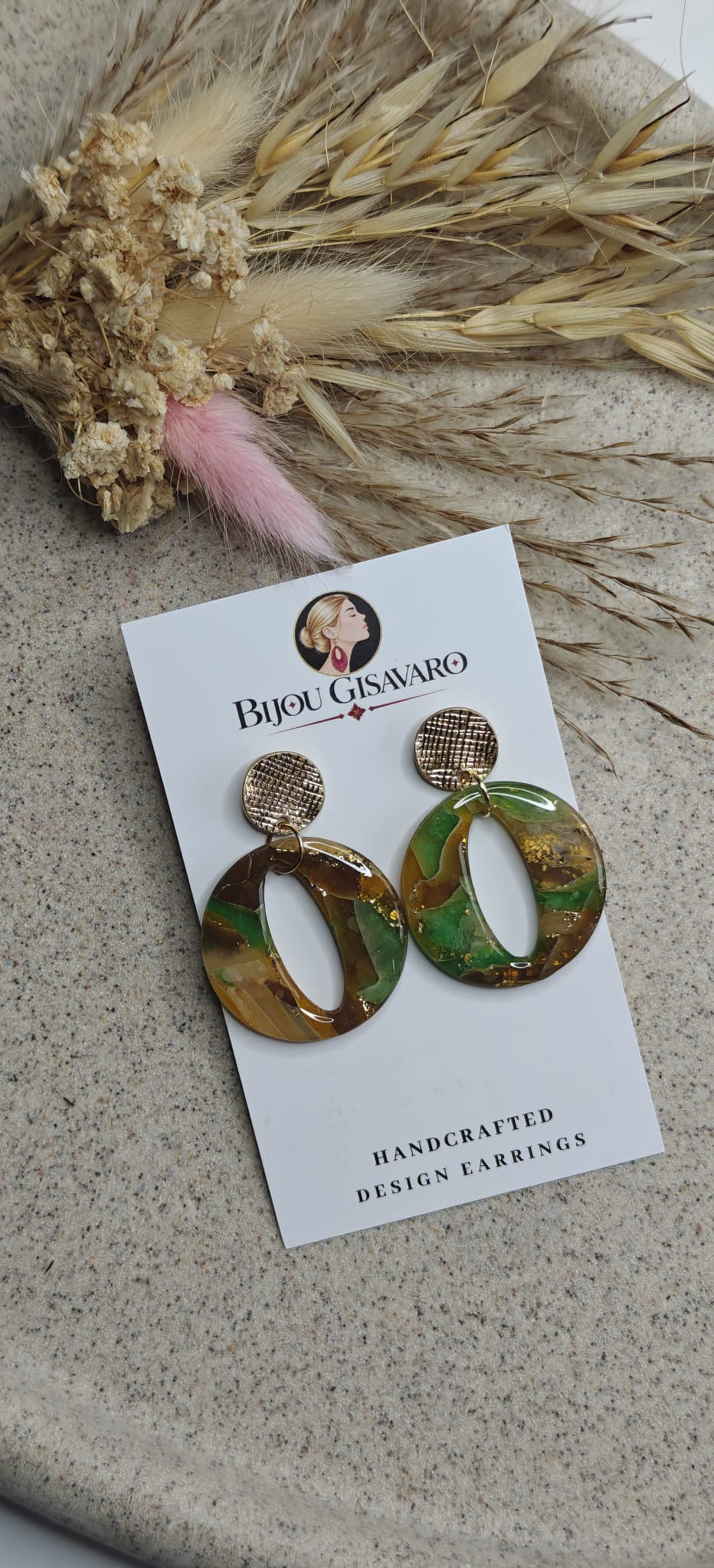 Statement Oorbellen Forest Oval Bruin Geel & Groen