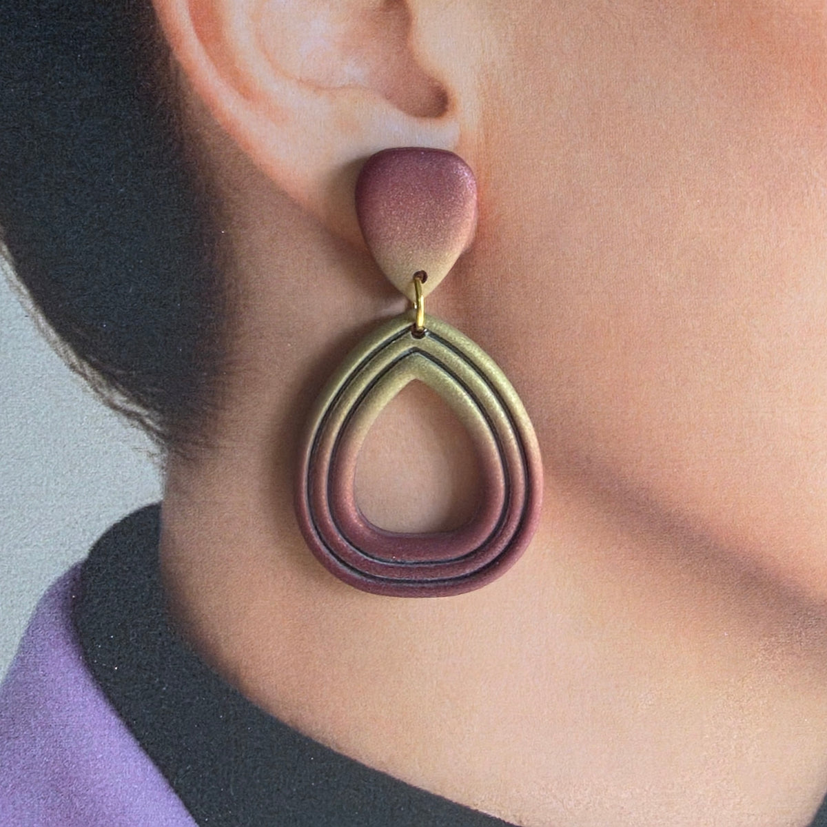 Statement Oorbellen Burgundy Golden Teardrop