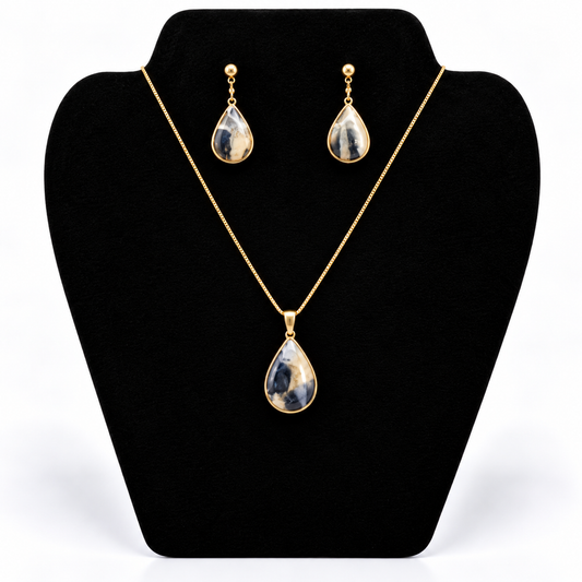 Statement Smoke & Gold Teardrop Elegance – Ketting & Oorbellen
