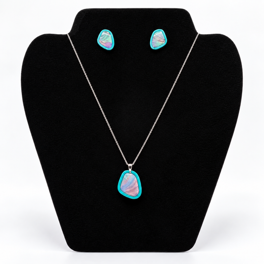 Statement Aqua Pastel Pebble Set – Ketting & Oorbellen