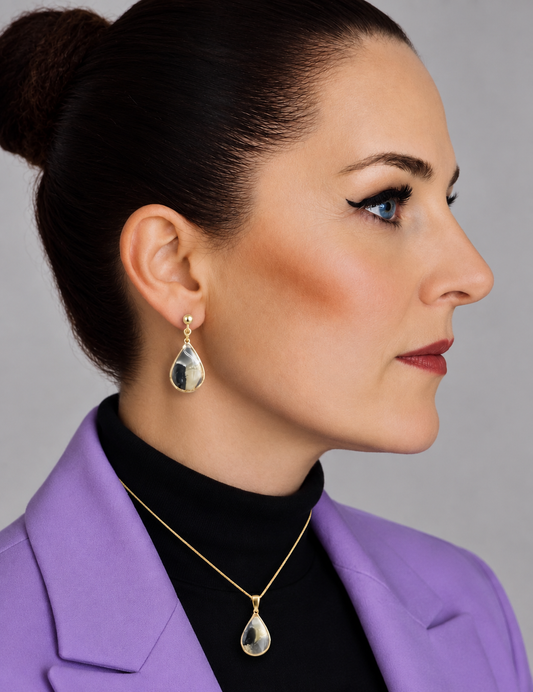Statement Smoke & Gold Teardrop Elegance – Ketting & Oorbellen
